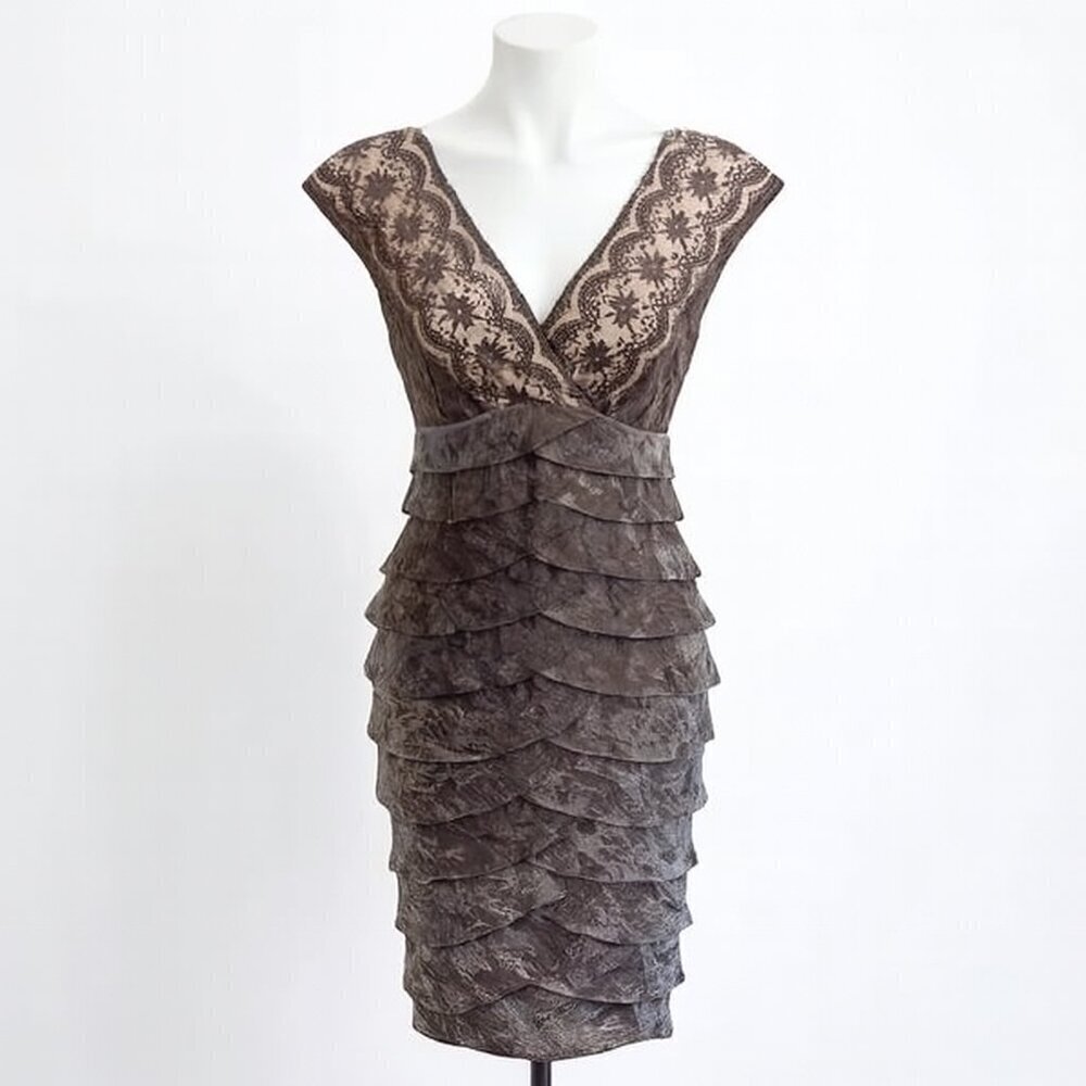 Adrianna Papell Brown Lace & Ruffle Tiered Sheath Cocktail Dress Size 6